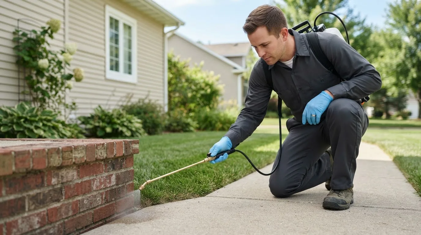 Pest control technician treating a home near Reasnor, IA