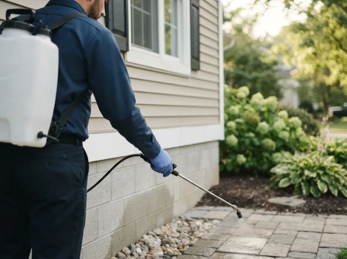 Pest control technician inspecting a home in Reasnor, IA